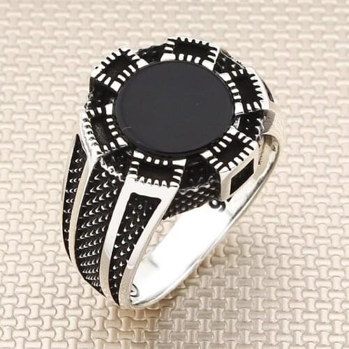 Round Black Onyx Stone Men Silver Ring With Symmetrical Motif Made in Turkey Solid 925 Sterling Silver