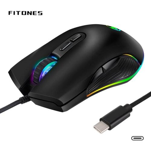 Universal serial bus mouse, 4 backlight modes, Type C and USB port device wired game mouse, ergonomic design mouse, black
