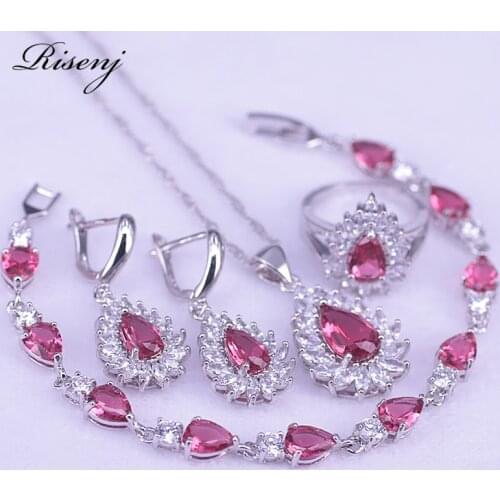 Water Drop Rose Red Ruby 925 Sterling Silver Jewelry Set For Women Bridal Jewelry Set Earrings Ring Necklace Bracelet Set
