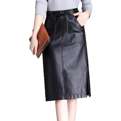 2019 New Women PU Leather Skirt Autumn Ladies Belt High Waist Split Package Hip Skirt Elegant Midi Sexy Skirt Plus Size 4XL W537