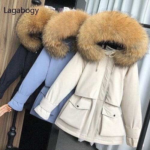 Lagabogy Large Natural Fox Fur Winter Jacket Women Female Thick Warm Loose Parkas Sash Tie Up Snow Outwear White Duck Down Coat