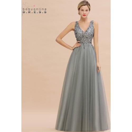 Vestido de Festa Deep V-neck Prom Dresses Long Sexy Backless Sequins Prom Gown A-line Gray Silver Vestido Formatura