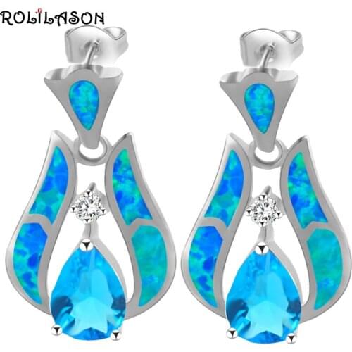 ROLILASON For Friend Best Birthday Gift Blue Fire Opal Silver Stamped Drop Earrings Fashion Opal Jewelry OES657