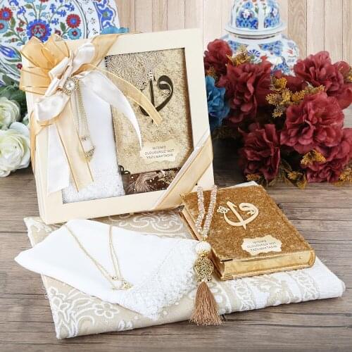 Luxury Wooden Box Cream, Prayer Rug, Shawl, Rosary, Quran Set Set FREE SHİPPİNG