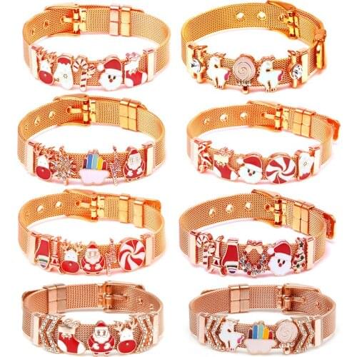 Christmas Series Stainless Steel Belt Mesh Bracelets For Women Santa Claus Charm Keeper Bracelet Bangle Xmas Jewelry Gift