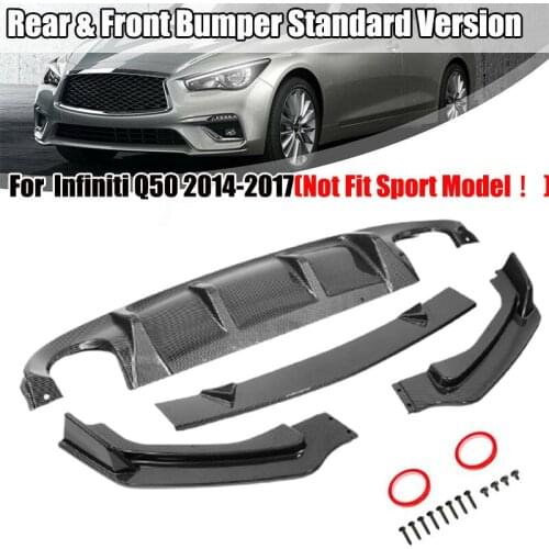 Front Bumper Lip Spoiler + Rear Bumper Diffuser For Infiniti Q50 14-17 Carbon Fiber Bumper Lip Diffuser Splitter Cover Protector