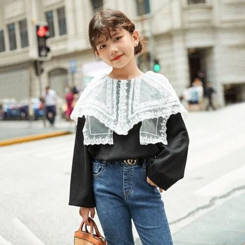 10 12 years Girls Lace Collar Tops 2021 Autumn Kids Fashion Clothes Spring Fall Teen Girls T-shirt