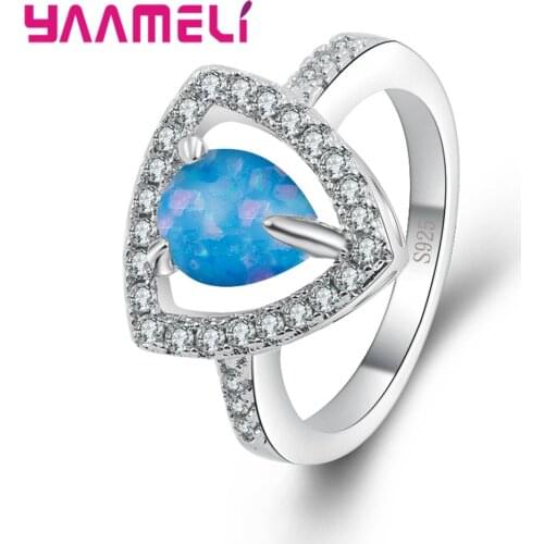 Triangle Design Paved Many Bright Cubic Zirconia With Water Drop Shape Opal 925 Sterling Silver Finger Rings For Women