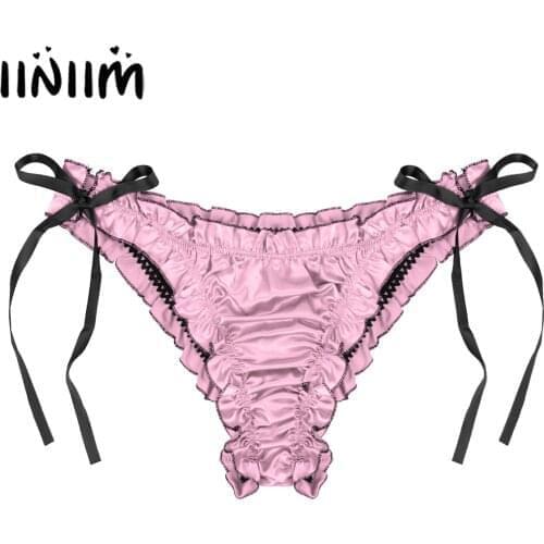 Mens Low Waist Panties Ruffles Satin Briefs Breathable Lace-up Pleated Trim Underpants Sissy Male Gay Underwear Sexy Bottoms