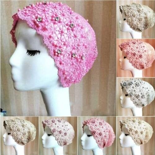 Elegant Ladies Accessories Headdresses Muslim Solid Color Lace Beaded Caps Dubai Girls Baotou Caps Small Flower Beaded Caps