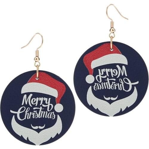 Santa Claus Leather Christmas Deer Earrings High Quality Xmas Printed Pattern Round Ear Jewelry Gift For Women Girls Romantic