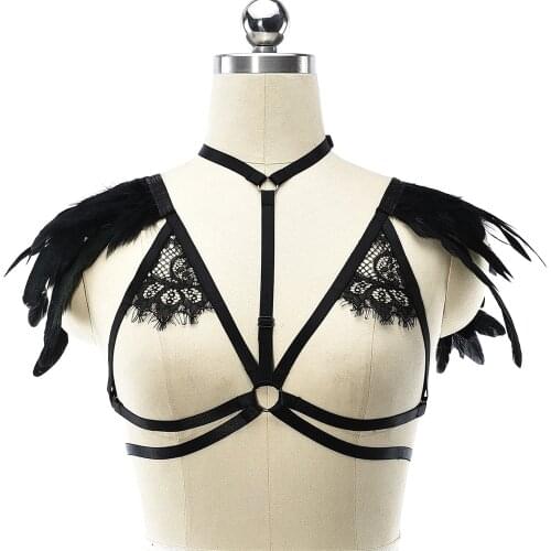Women Body Harness Belt Sexy Lace Bra Feather Epaulet Cage Bra Perspective Pastel Goth Adjustable Bondage Lingerie Body Harness