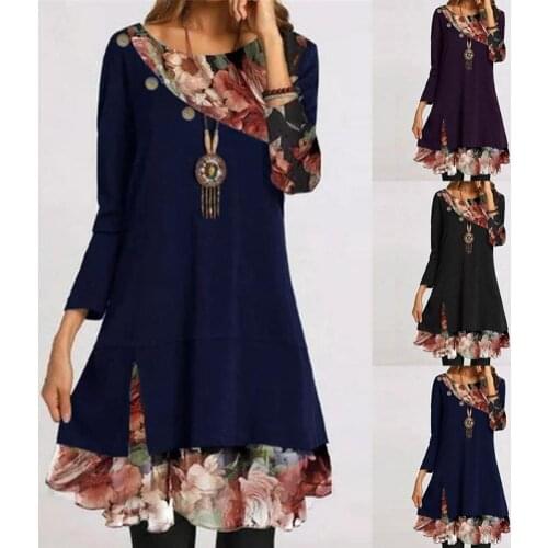 Dress Casual Long Sleeve Short Dress Female Casual Dress Flower Print Patchwork Women Round Neck Long Sleeve Dress for Dating