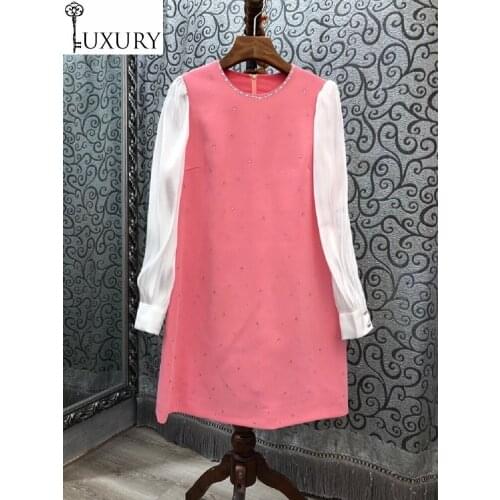 2020 Top Quality New Autumn Winter Women Crystal Beading Deco Long Sleeve Straight Pink Black Runway Style Dress Princess