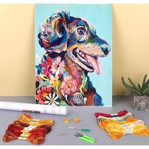 Animal Dog Dachshund Printed Canvas 11CT Cross-Stitch DIY Embroidery Complete Kit DMC Threads Knitting Needlework Package