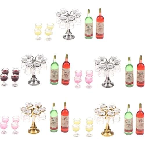 1 Set Miniature Dollhouse Bar Counter Mini Wine Bottle Champagne Glass Holder Rack Play Kitchen Furniture