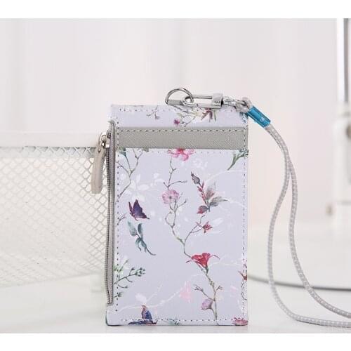 1Pc Fashion Flower pattern sweet Portable ID Badge Credit Card Holder Leather Pocket Case Business Wallet with Neck Lanyard