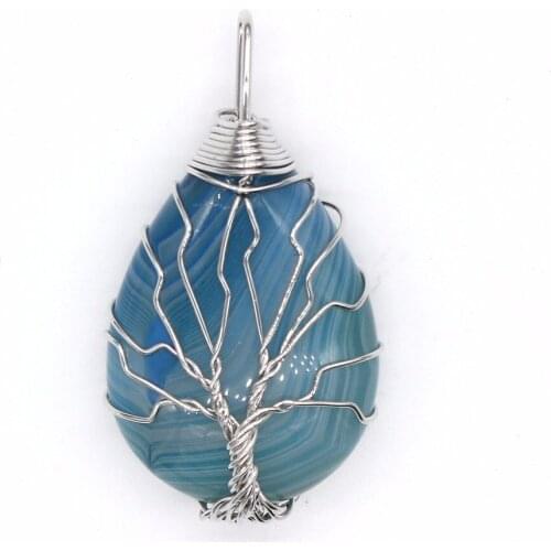 100-Unique 1 Pcs Silver Plated Wire Wrap Tree of Life Water Drop Blue Agates Pendant Charm Jewelry