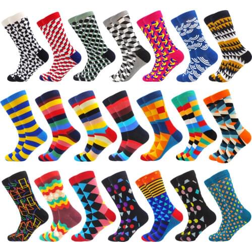 85% Cotton Stripe Plaid Hip Hop Fashion Mens Socks Colourful Harajuku Kawaii Cartoon Art Novelty Happy Funny Sock Gifts for Men