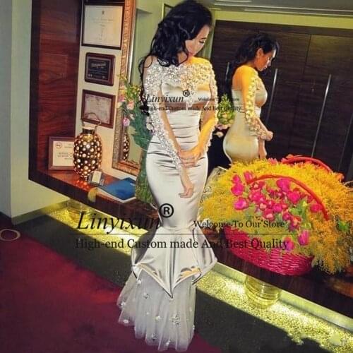 Sparkly Crystal Prom Dress Mermaid Special Long Sleeves Formal Evening Gown Sexy Sheer Mesh Back Trumpet Prom Party Dress