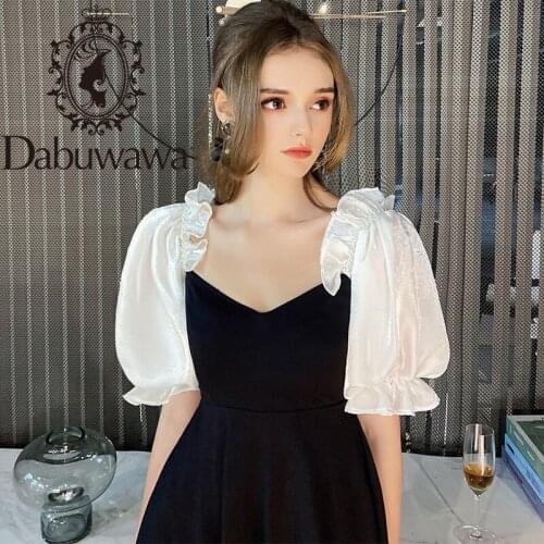 Dabuwawa Exclusive Vintage Patchwork Dress Women Puff Sleeve Square Neck Elegant A-Line Party Pleated Dress Ladies DO1BDR067