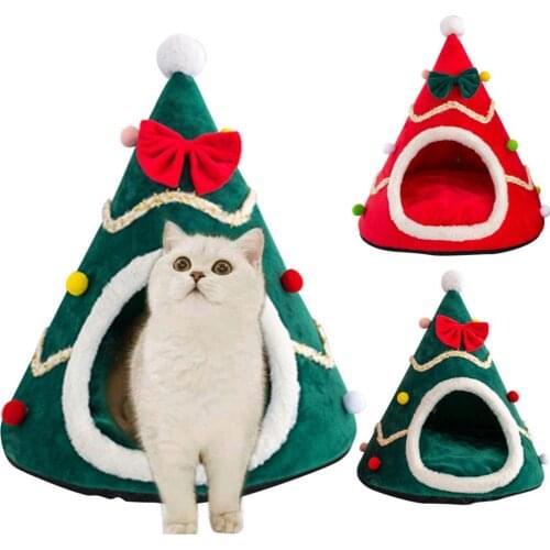 Pet House Cat Christmas Tree Shape Bed Dog Nest Puppy Cave Washable Cat Mat Warm Soft Winter Cat House Pet Supplies Pet Bed