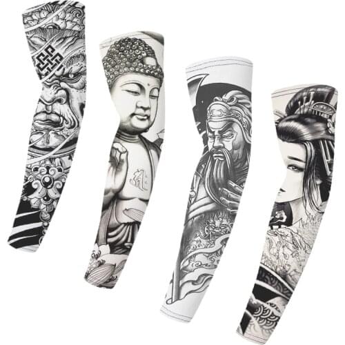 1Pair Breathable Quick Dry Men Arm Sleeves 3D Tattoo Outdoor UV Protection Running Cycling Sleeves Sports Arm Sleeves Warmers