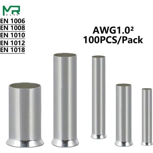 100PCS EN1006 EN1008 EN1010 EN1012 EN1018 cold pressed end 1.0² Electrical Cable Terminal Copper Bare Tinned Crimp Terminal