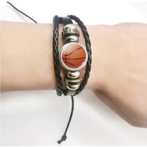 Men Charm Leather Bracelet Weave Glass Metal Braided Bangle Adjustable Football Basketball Baseball Sport Ball Jewelry Gift
