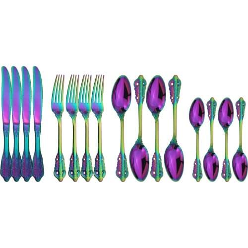 Multi-Colors 4/16/24Pcs Rainbow Cutlery Set Dinnerware Set Black Kit Fork Knife Stainless Steel Silverware Home Tableware Set
