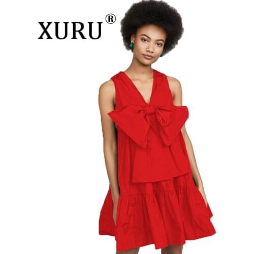 XURU Solid Color Loose Plus Size Dress Sleeveless V-neck Bow Dress