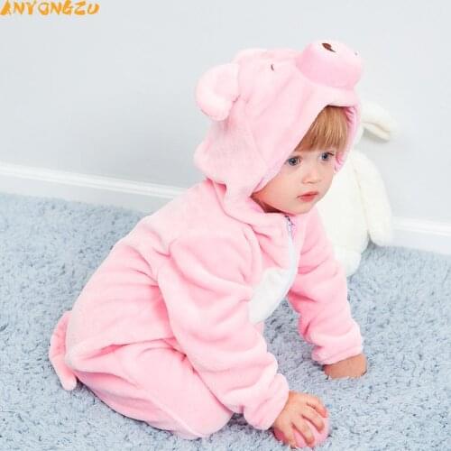 Anyongzu Autumn Winter Baby Flannel Clothes Cute Little Pig Lian Pajamas Cartoon Pink Conjoined Suitable for height 70cm-100cm