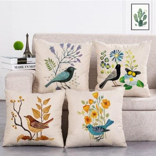 Hand painted thrushbird Printed Retro Cushion Cover Linen Throw Pillow Car Home Decoration Decorative Pillowcase T496