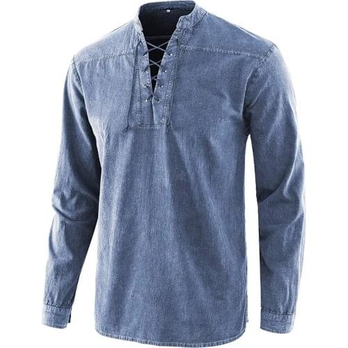 Medieval Costume Adult Viking Pirate Top Shirt Costume Renaissance Mens Gothic Retro Cosplay Solid Long Sleeve Bandage Top