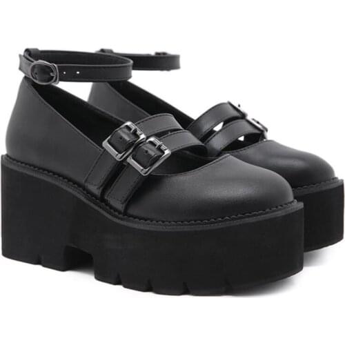 Womens Pumps Gothic Punk Mary Jane Shoes Ladies Chunky Heels Platform Creepers Ankle Strap Female Lolita Shoes Cosplay Shoes