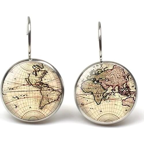 American Movie Map Brass Post Womens Glass Punk Jewelry Stud Dangle Earrings World Map 1pair Lot Arrow Vintage Earth Steampunk