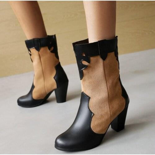 Ladies Autumn Winter Color Matching Western Boots Slip On Square High Heel Mid Calf Boots Female Large Size Womens Shoes 30-48