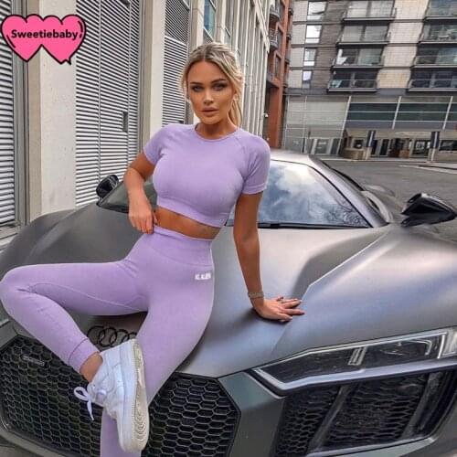 Active Women Yoga 2 Piece Suit High Waist Solid Letter Reflective Print Short Sleeve Top+Leggings Femme Fitness Workout Clothing