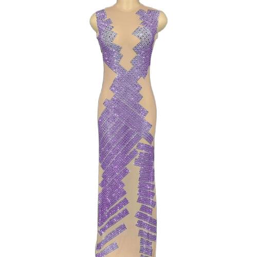 Sparkling Diamond Asymmetrical Long Dress Tight Stretch Sleeveless Women Dress Teams Catwalk Stage Wear Nightclub Costumes