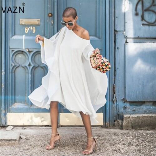 VAZN Spring Novelty Fashion 2019 Women Solid 3 Color O-Neck Flare Sleeve Dress Lady Hollow Out Loose Knee-Length Dress CX501