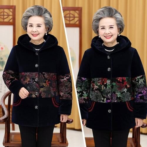 Elderly Mother Winter Coat New Grandma Wear Fashionable Cotton Overcoat Hooded Plus velvet Padded Warm Plus sizeJacket 5XLA124