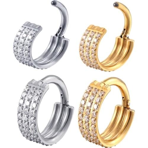 316L Surgical Steel Piercing Earrings Three Rows Zircon Stone Superior Quality Hight Segment Open Small Septum Nose Ear Jewelry