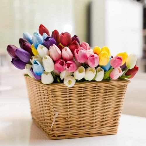 5pcs Wedding Home Decoration High Grade PU Mini Tulip Flower Simulation Artificial Flowers Korean Wreaths Desktop Vase