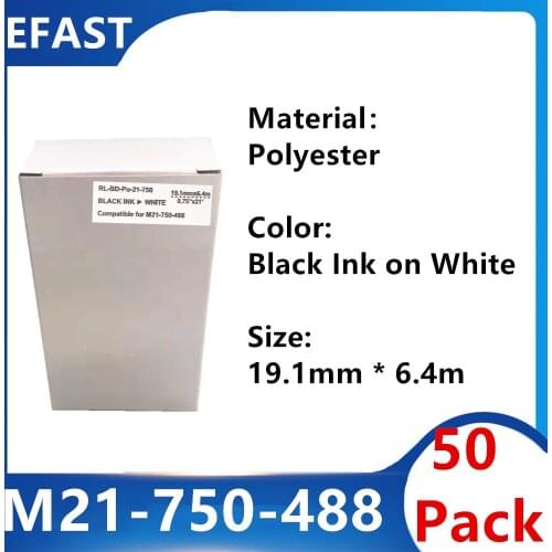 50 Pack M21 750 488 Polyester Label Ribbon Black On white For BMP21 PLUS Printer M21-750-488 19.1mm * 6.4m