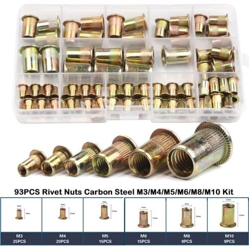 93PCS Carbon Steel Rivet Nuts M3/4/5/6/8/10 Flat Head Rivet Nuts Set Nuts Insert Reveting Assorted Set