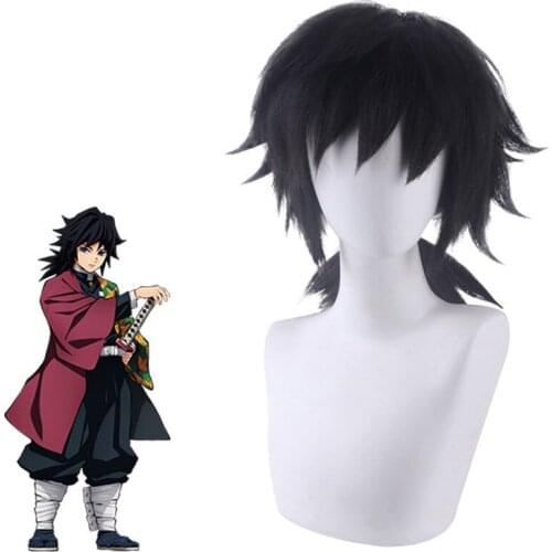 Demon Slayer Kimetsu no Yaiba Tomioka Giyuu Nature Black Heat Resistant Cosplay Costume Wigs + Wig Cap