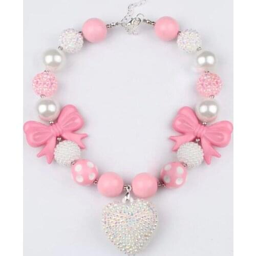Baby Birthday Gifts Girls Double Pink Bow Chunky Beads Bubblegum Necklace Women Child Big White Heart Charm Pendant Necklaces
