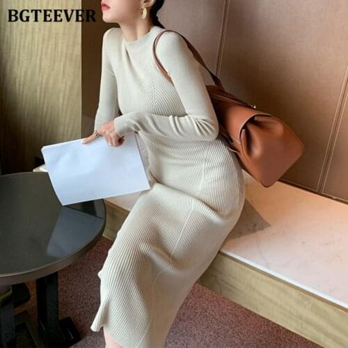 BGTEEVER Elegant O-neck Skinny Women Dress 2021 Autumn Winter Knitted Bodycon Dress for Women Midi Female Sweaters Vestidos