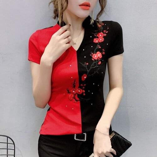 Chinese Style T Shirt Women Summer Black Sexy Vintage Crop Tops For Teens Short Sleeve Tops Fashion Cheongsam T Shirts 10365