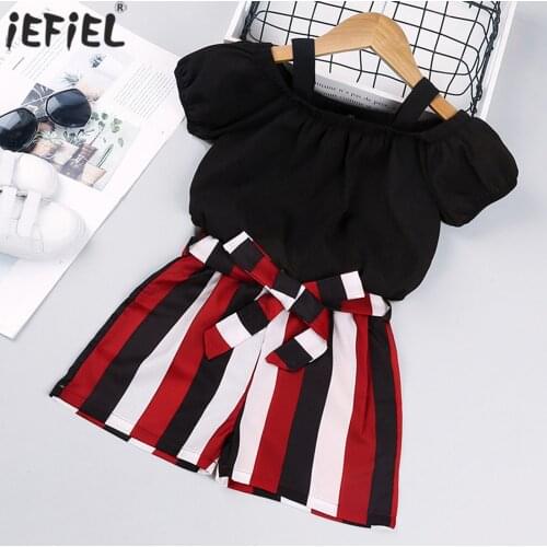 Kids Girls Clothing Set Casual Sport Suit Open Shoulder Short Sleeve T-shirt Crop Top Striped Belted Pants 2Pcs Outfits 1-8Y